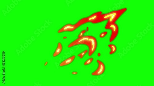 Cartoon fire , fire cartoon graphics, anime fire. Set cartoon loop animation fire or flame isolated on green background. 