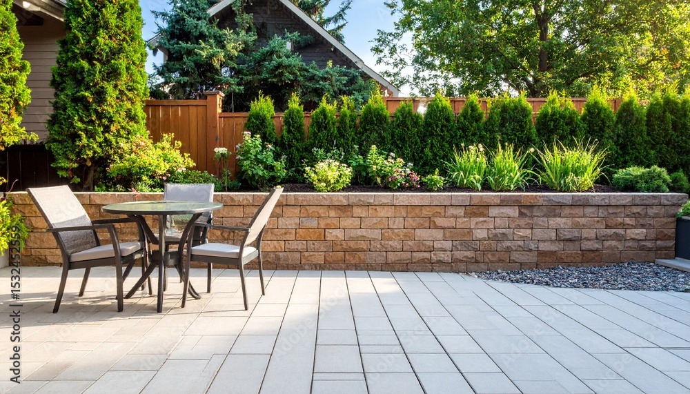 Obraz premium Backyard decoration with green plants, chairs, and home garden relaxation 