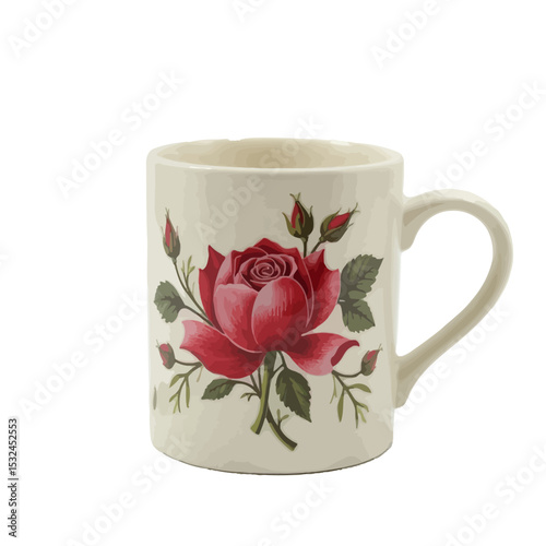 Cream ceramic mug with red rose design isolated on white background isolated on transparent background