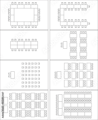 Wallpaper Mural Seat plan, theater, restaurant, seminar, school, conference, wedding, reception, banquet, top view, chair and table, architectural plan with blueprint, customizable stroke, vector, illustration Torontodigital.ca