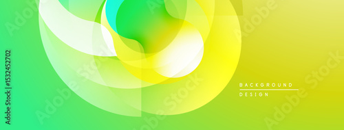 Abstract vibrant background. Overlapping translucent circles create dynamic flow, gradients shift from green to yellow. Modern design element.