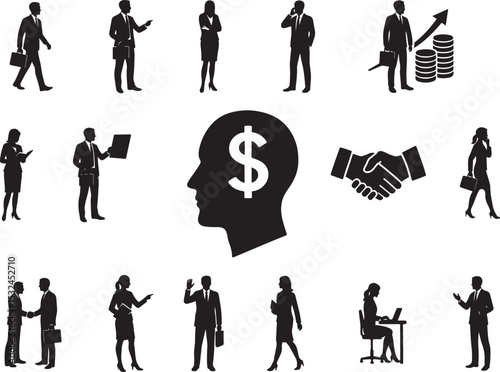 Business People Silhouettes and Finance Icons Professional Work Money and Success Vectors