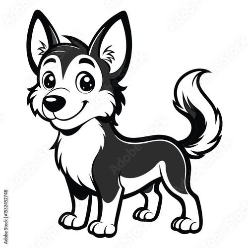 Adorable cartoon husky puppy dog black and white illustration