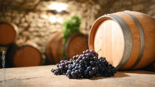 Exploring the art of winemaking in a rustic cellar filled with barrels and ripe grapes at dusk