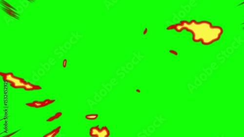 Cartoon fire , fire cartoon graphics, anime fire. Set cartoon loop animation fire or flame isolated on green background. 