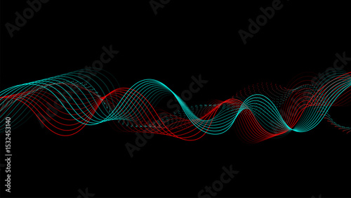 Modern Red and Blue Teal Wave Lines on Black Background. Abstract Business Wallpaper. Futuristic. Technology. Bg. Vector Illustration