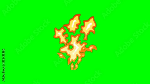 Cartoon fire , fire cartoon graphics, anime fire. Set cartoon loop animation fire or flame isolated on green background. 