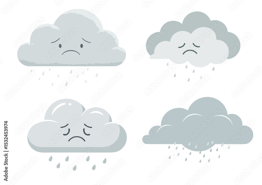 Obraz premium Sad cloud illustration with soft curves and raindrops in cool gray-blue tones on a transparent background