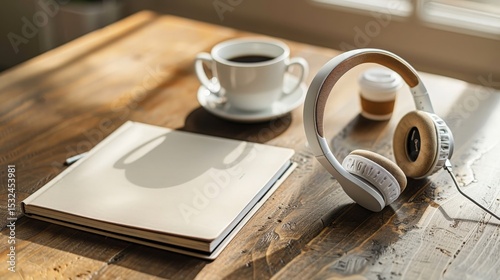Notebook, Coffee, Cup, and Headphones on Wooden Table