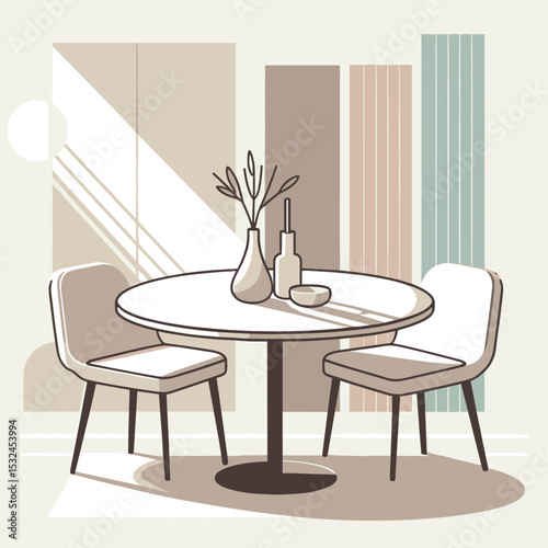 Elegant white dining table with modern chairs and decorative vases in a minimalist setting
