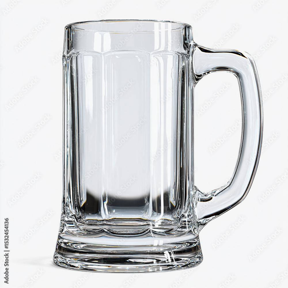 A clear glass beer mug with a handle, white background A clear glass beer mug with a handle, white background