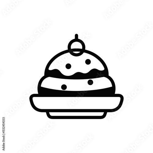 Outline of a Christmas pudding on a plate with decorations on white background, minimalistic design