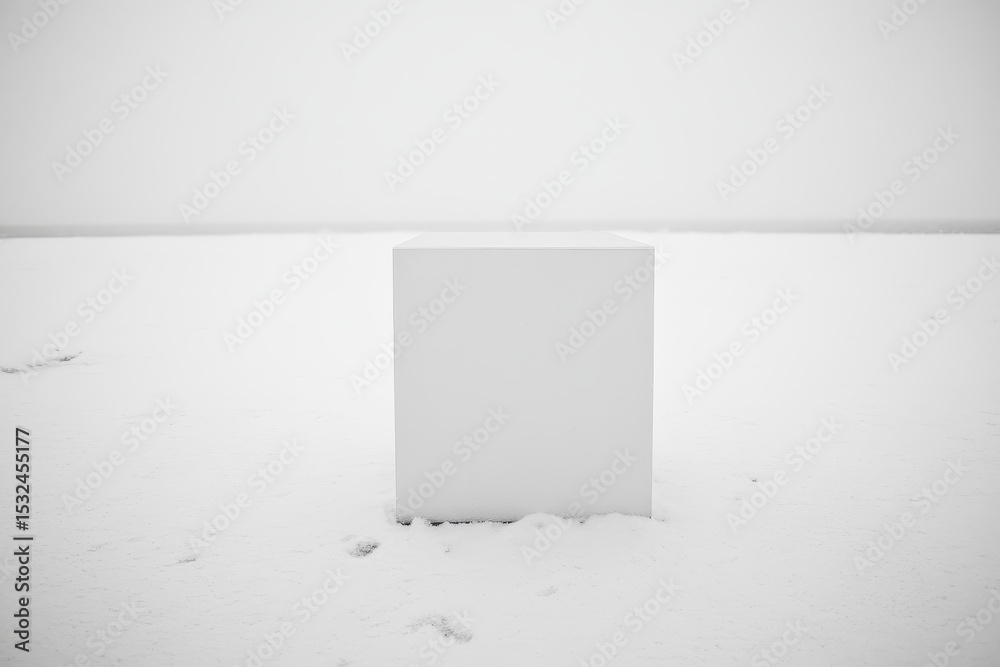 Obraz premium Minimalist white cube in snowy landscape under grey sky. AI-generated.