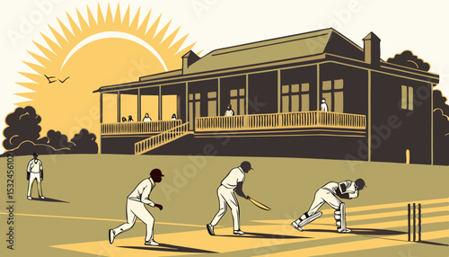 group of male players playing cricket on a sunny day, with cinematic lighting capturing the excitement and energy of the match