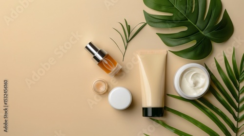 Skincare Products with Green Leaves on Beige Background