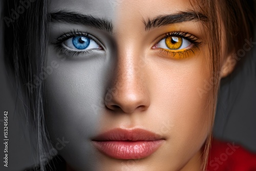 Woman showing makeup transformation with half face colored and half monochrome