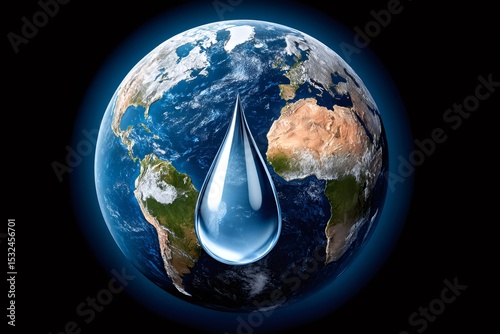 Big water drop hovering over planet earth, environmental conservation concept