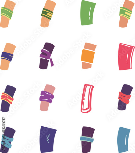 Diverse vector illustrations of colorful armbands and protective sleeves, ideal for sports, fitness, and active lifestyle graphic designs and apparel concepts.