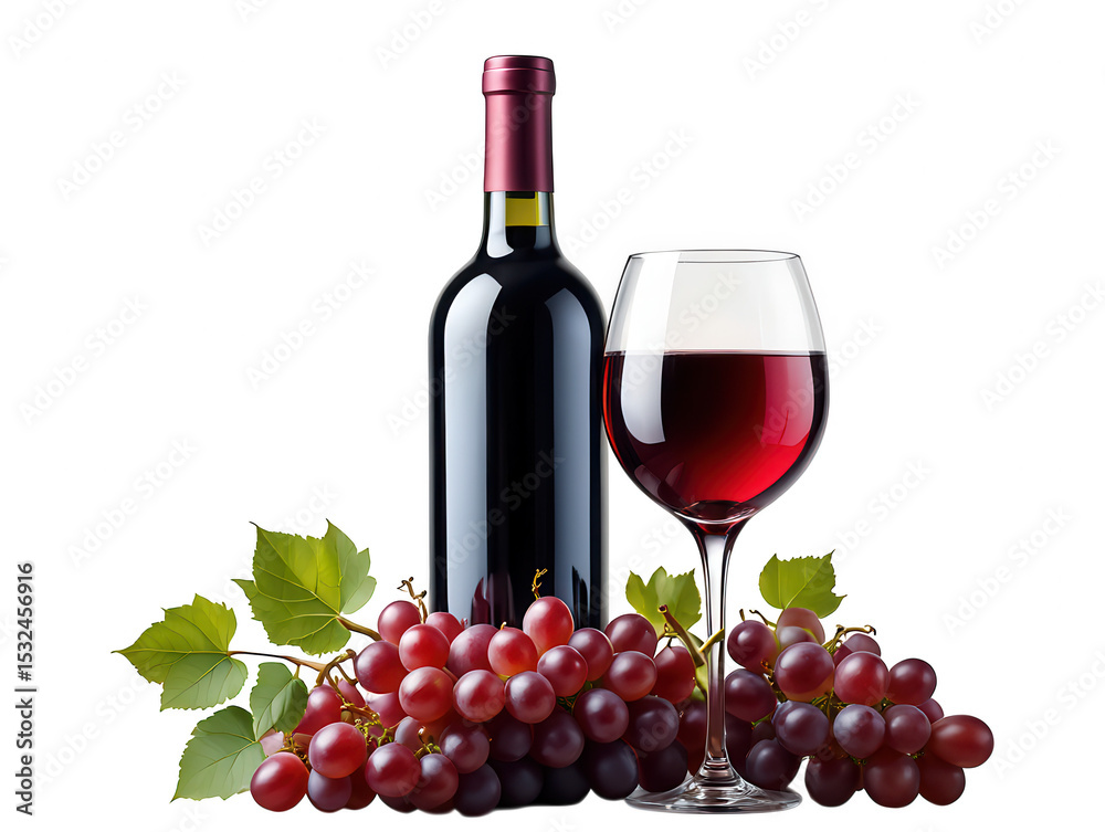 Obraz premium Red wine in a glass with grapes and bottle
