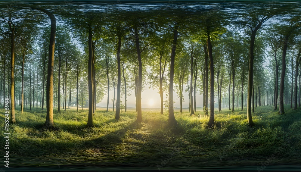 Obraz premium Sunlight filtering through a dense woodland.