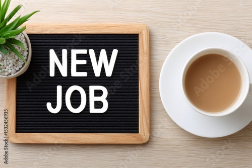 New job opportunity on letter board with coffee and plant