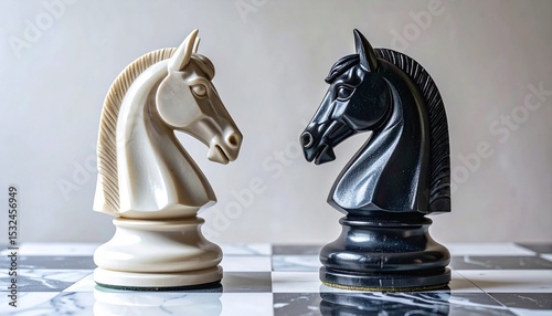 Two chess knights face off in dramatic standoff on chessboard with black and white pieces