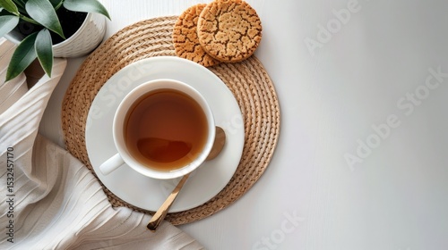 Tea Cup with Cookies on Mat Beside Plant