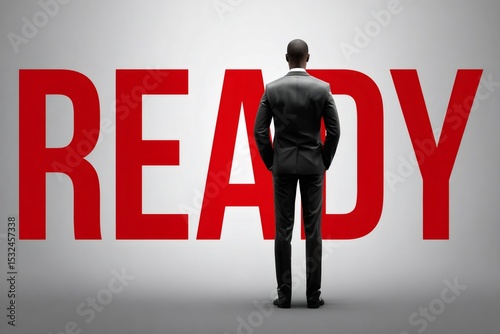 Businessman standing looking at ready sign projected on wall