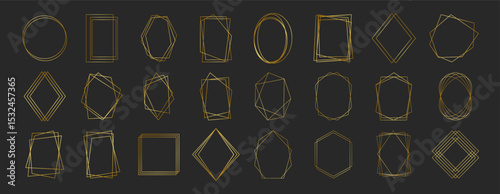 Golden Geometric Frames Collection. Luxury Art Deco Polyhedron Borders, Decorative Line Elements and Abstract Polygon Shapes for Wedding Invitations, Cards, Posters and Elegant Design Templates