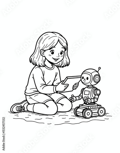Young girl programming robot with tablet during creative playtime - coloring page for kids 5 - 8 years old  