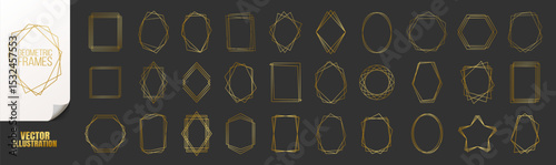 Golden Geometric Frames Collection. Luxury Art Deco Polyhedron Borders, Decorative Line Elements and Abstract Polygon Shapes for Wedding Invitations, Cards, Posters and Elegant Design Templates