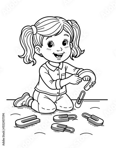 Happy girl testing magnets with paperclips on the floor for science projects