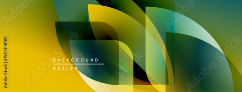 Abstract geometric shapes overlap, creating vibrant yellow, green gradients. Modern design elements suggest fluidity, dynamism. Background text reads background design.