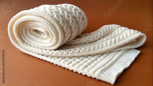 Intricately woven cream cable knit scarf displaying detailed cozy texture and artistry, elegantly rolled on a warm rich brown backdrop photo