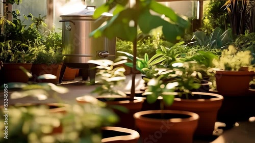Indoor greenhouse setup with a stainless steel distiller surrounded by potted herbs and plants in soft morning light.