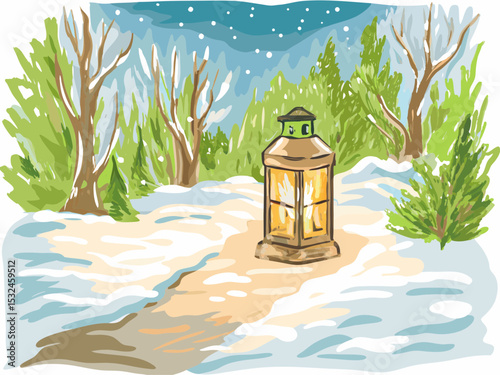 Lantern illuminating snowy path in winter forest at night  