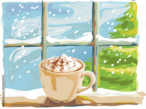 Warm cup of cocoa with whipped cream by snowy window scene  