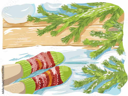 Cozy feet in colorful socks resting on snowy ground with pine branches  