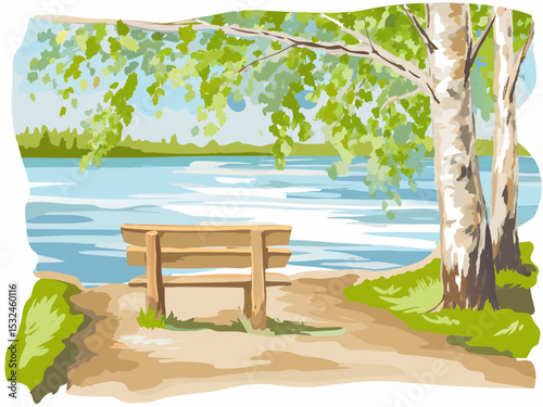 Scenic lakeside bench under trees with calm water in summer  