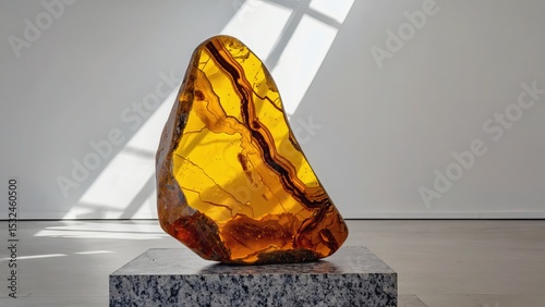 Amber Sculpture: Translucent Yellow Resin Art on Granite Base - Modern Minimalist Design
