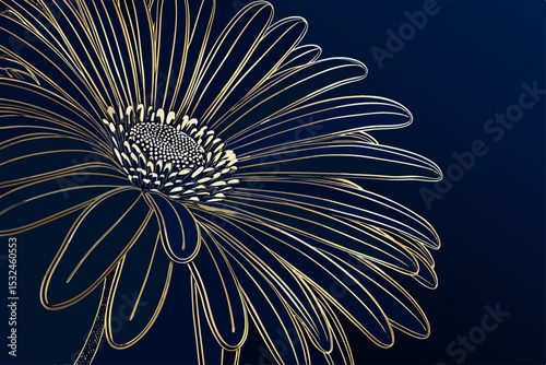 Elegant gold outline flower on dark blue background  