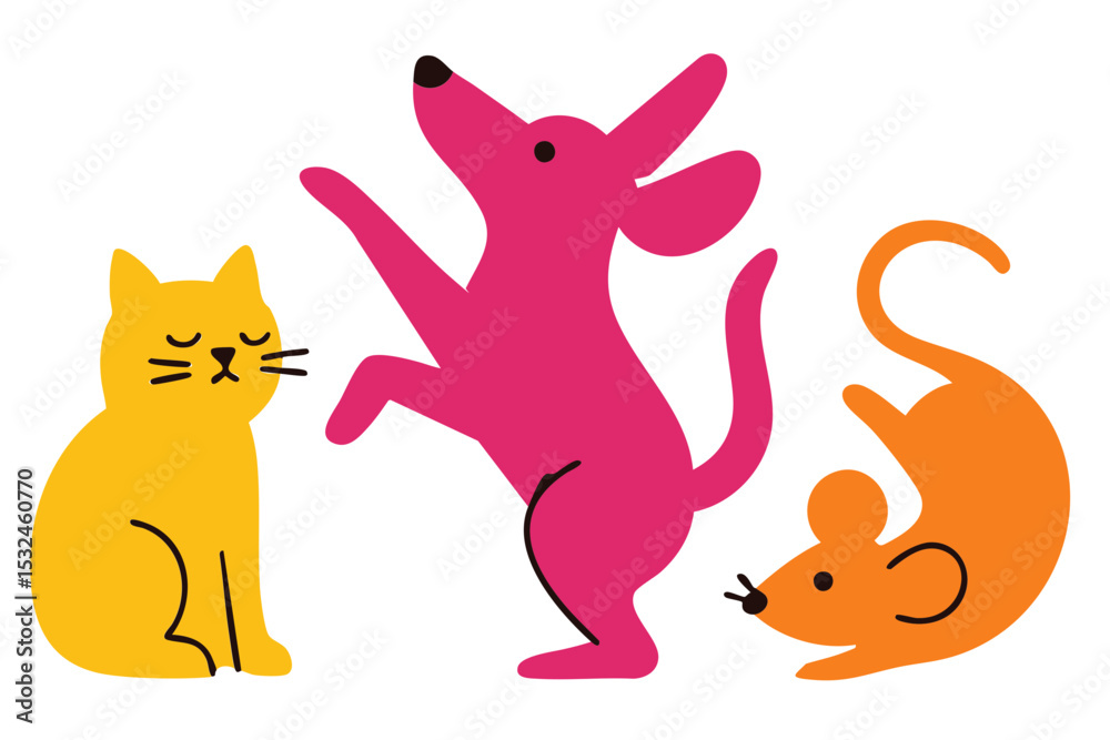 Fototapeta premium Birthday Party Dancing Animal Friends Dog, Cat and Mouse