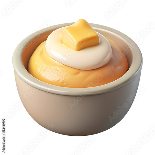 3d custard dessert bowl icon in cartoon plastic style minimal isolated on transparent white background, sweet snack and dairy food concept

