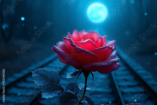 A single red rose blossom in a beautiful garden, its petals reflecting love and nature's beauty