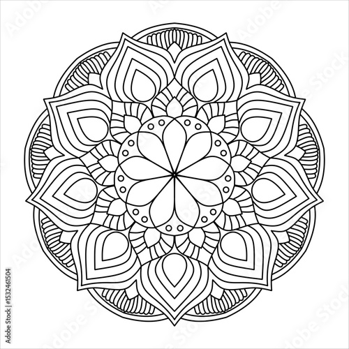 Circular Mandala Coloring Page - Complex Mandala Design with Lotus Petals - Printable Mandala Art Book Page for Adults Relaxation and Creative Mandala Meditation Practice