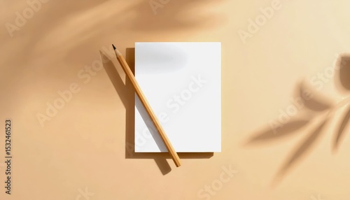 A clean paper note with pencil placed diagonally, soft shadow on beige background, overhead view