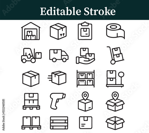 Warehouse supply chain icons forklift pallet barcode packaging