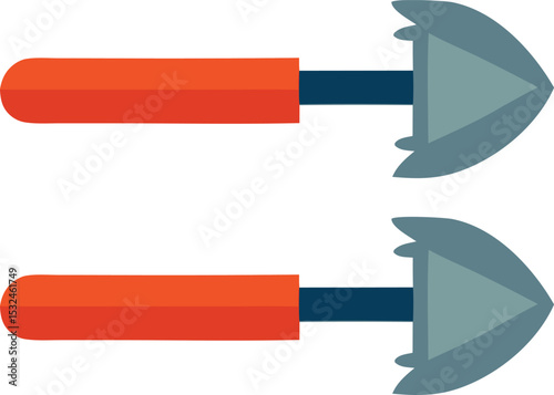 Illustration of two identical handheld tools with orange handles and gray triangular blades
