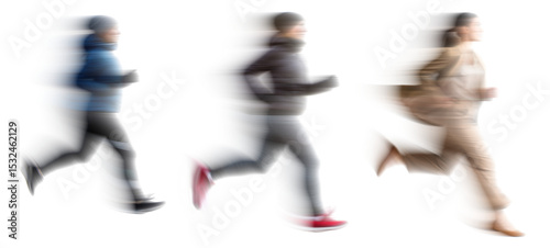 Set of Running people with motion blur effect, isolated PNG with transparent background for photo scenes