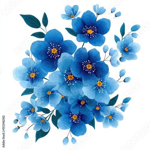 Vibrant Blue Watercolor Flowers and Leaves Illustration